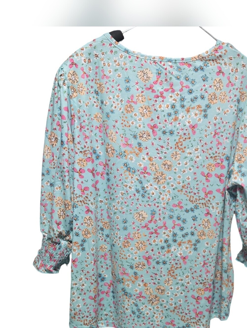 Fantaslook Light Blue Floral Puff-Sleeve Women's, Knit, 3/4 Sleeve, Plus 2X - Picture 2 of 9